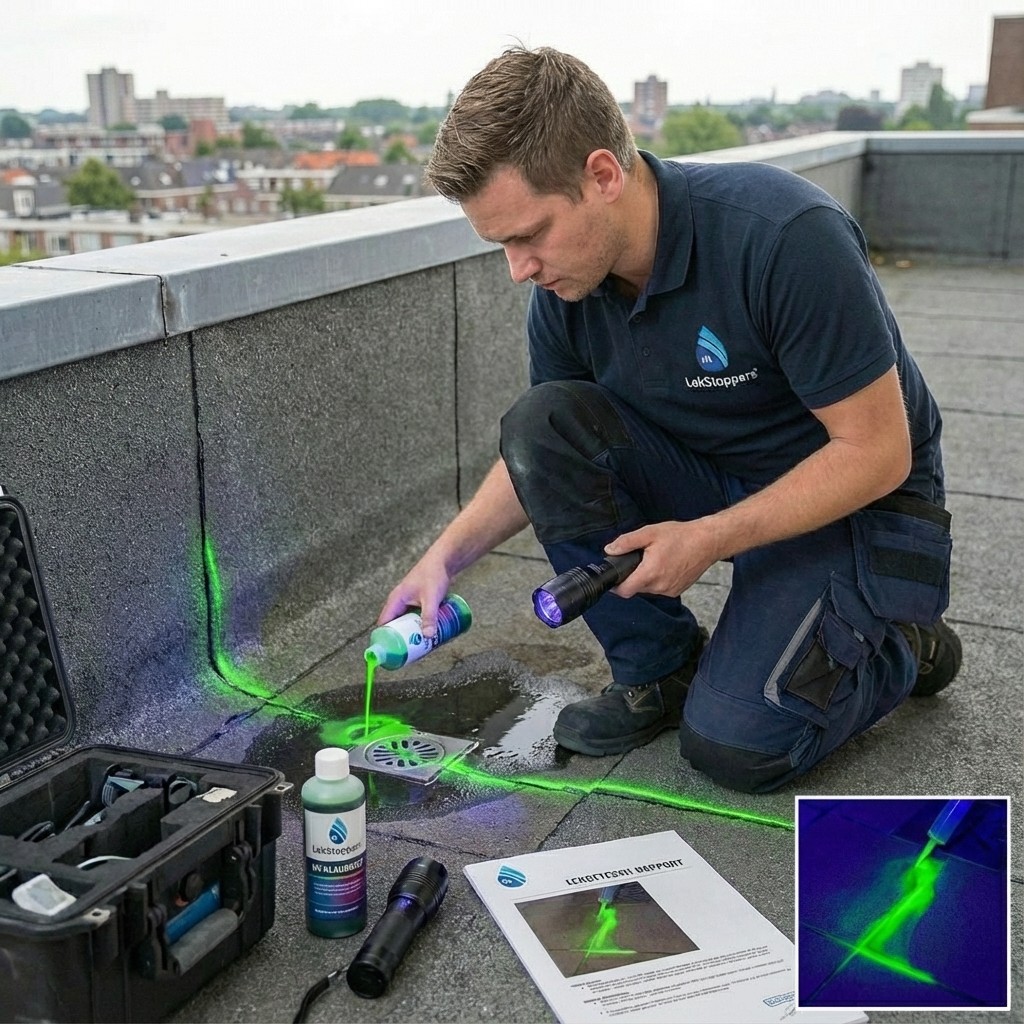 Op het platte dak van een gebouw is een specialist bezig met het opsporen van een waterlek bij een dakafvoer. Het gaat hier om een professionele lekkage-detectiedienst voor platte daken. Het hoofddoel is om lekkages snel en precies te lokaliseren zonder hak- of breekwerk. Met een UV-gevoelige tracer vloeistof wordt de waterstroom zichtbaar gemaakt, waardoor de bron van de lekkage exact aanwijsbaar is. De inspectie gebeurt met een compact, draagbaar meetsysteem inclusief UV-lamp en speciale tracer. Na afloop ontvangt de klant een gedetailleerd rapport met foto’s en concrete hersteladviezen.